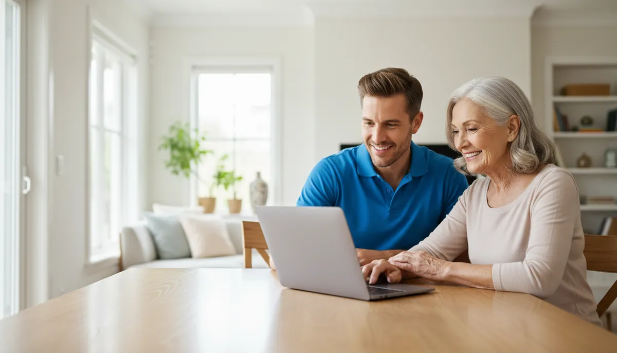 Friendly technician helping customer with computer